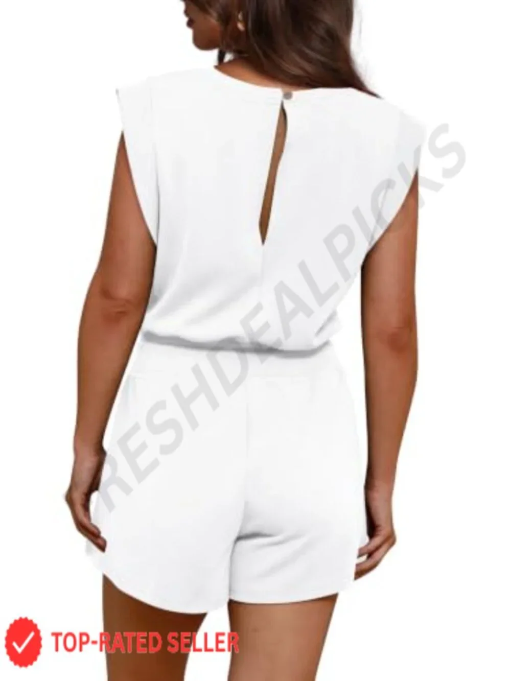 Women's Cap Sleeve Romper with Pockets Adjustable Drawstring Waistband Summer